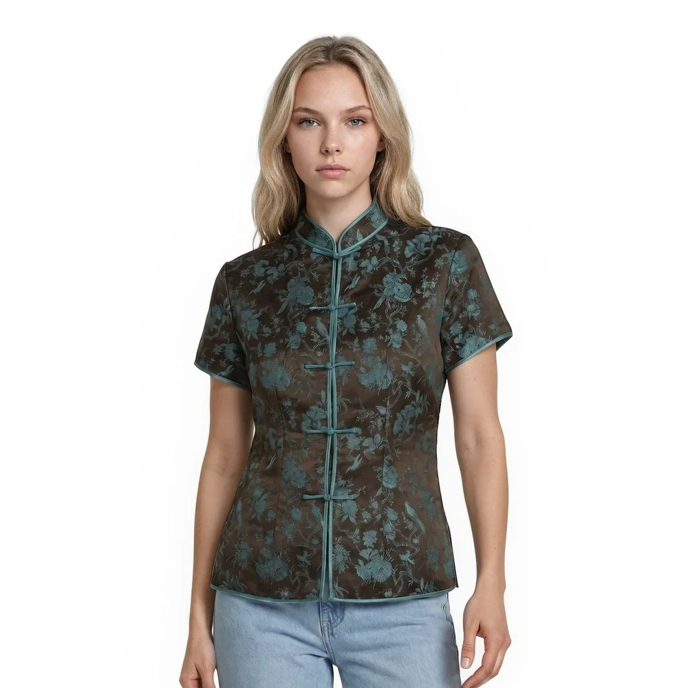 Dragon 100% Silk Jacket Top‎ Women's Size Medium Brown Teal Brocade Frog Vintage